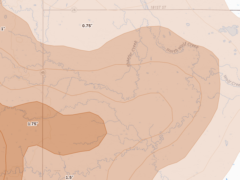 Radar-estimated hail-size map of the storm over Saint Lawrence, SD on Jun 28, 2026