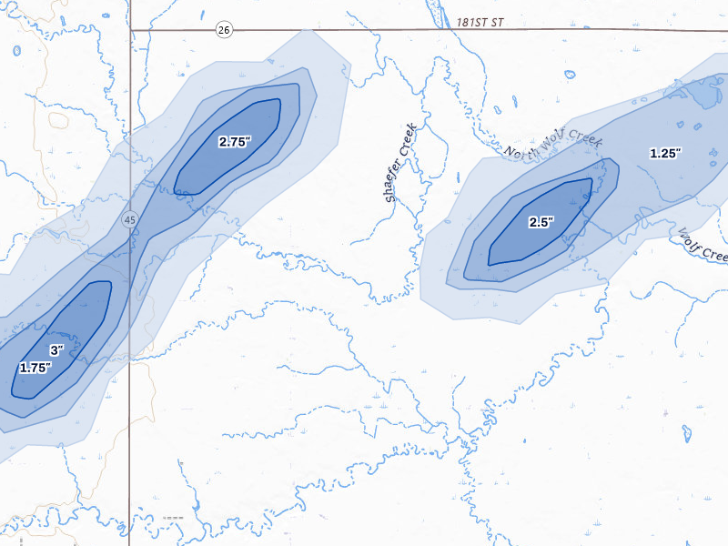 NEXRAD radar-signature map of the hail storm over Saint Lawrence, SD on Jun 28, 2026