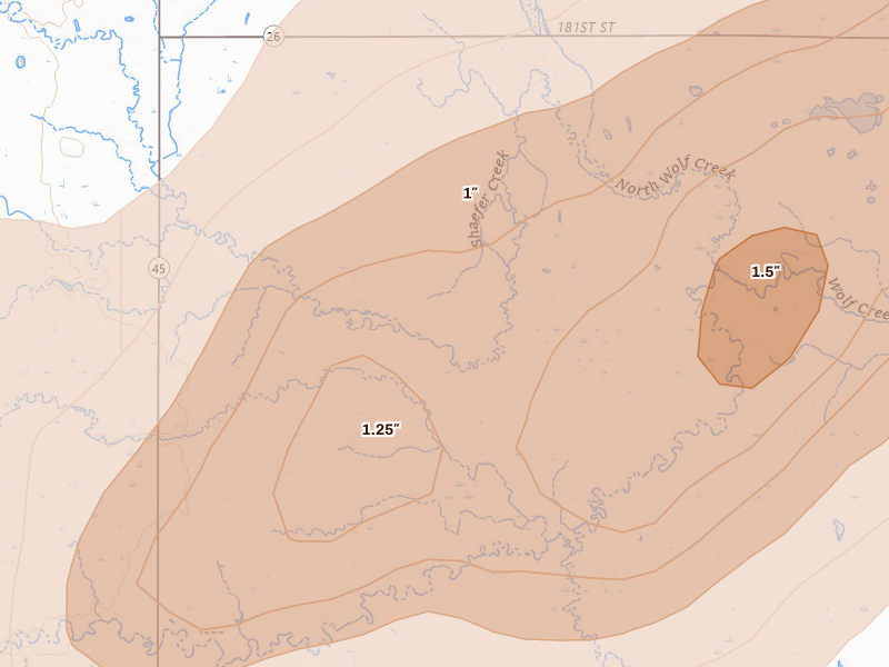 Radar-estimated hail-size map of the storm over Saint Lawrence, SD on Jun 29, 2026