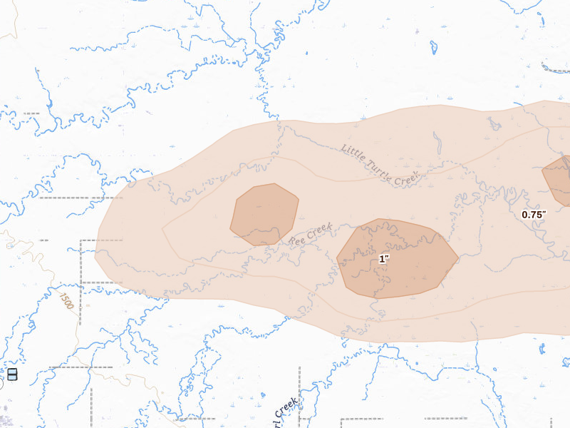 Radar-estimated hail-size map of the storm over Saint Lawrence, SD on Aug 28, 2026