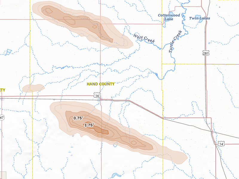 Radar-estimated hail-size map of the storm over Saint Lawrence, SD on Aug 29, 2026