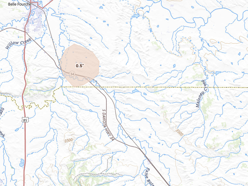 Radar-estimated hail-size map of the storm over Saint Onge, SD on Jun 26, 2026
