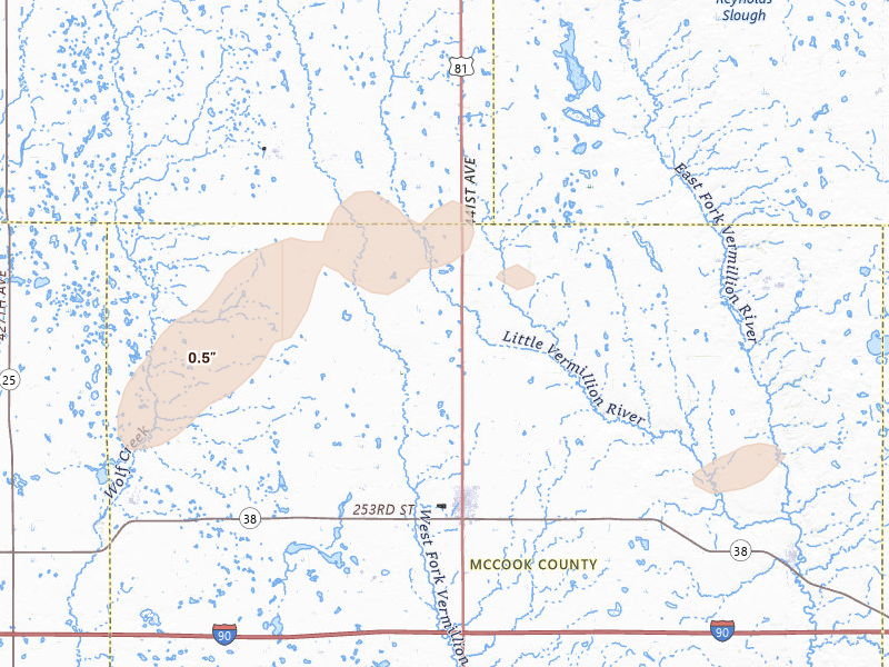 Radar-estimated hail-size map of the storm over Salem, SD on Jun 27, 2026