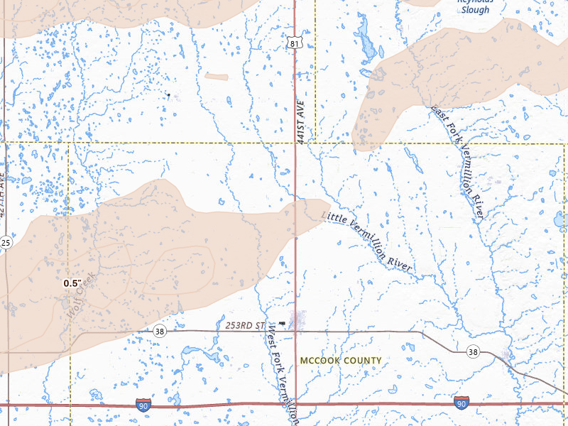 Radar-estimated hail-size map of the storm over Salem, SD on Jul 2, 2026