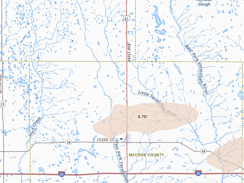 Radar-estimated hail-size map of the storm over Salem, SD on Jul 25, 2026