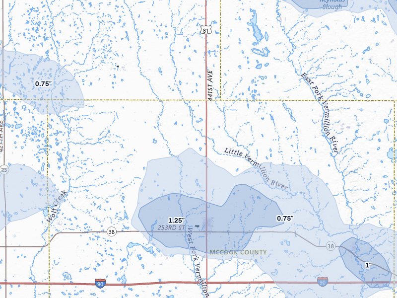 NEXRAD radar-signature map of the hail storm over Salem, SD on Jul 25, 2026