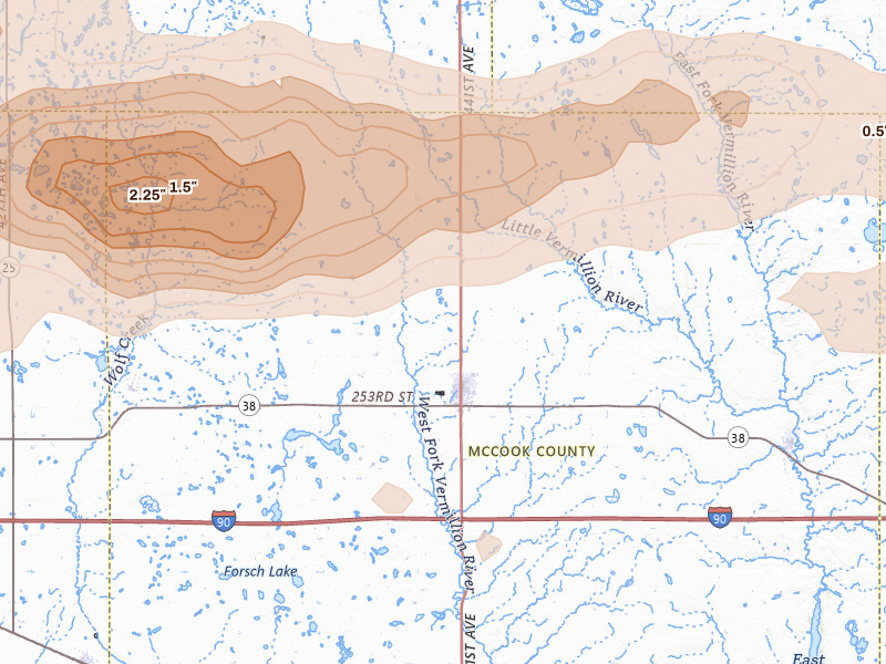 Radar-estimated hail-size map of the storm over Salem, SD on Aug 6, 2026