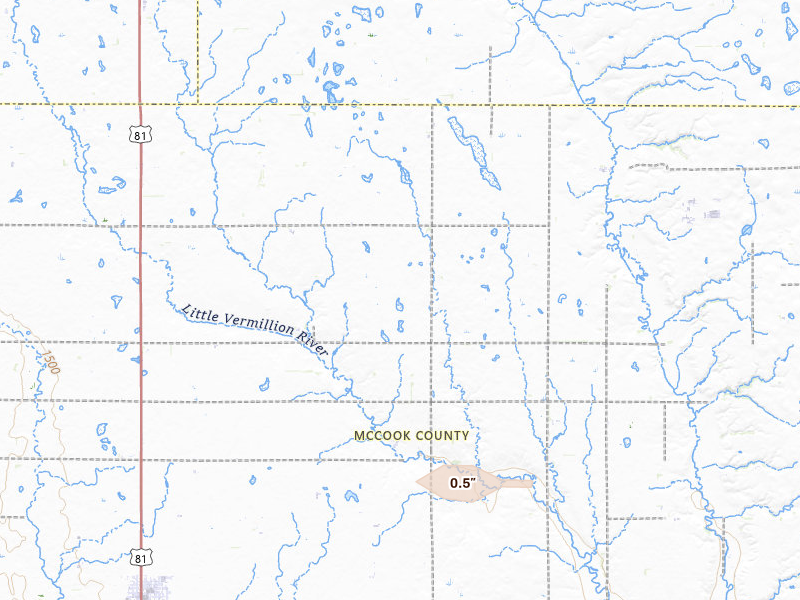 Radar-estimated hail-size map of the storm over Salem, SD on Aug 19, 2026