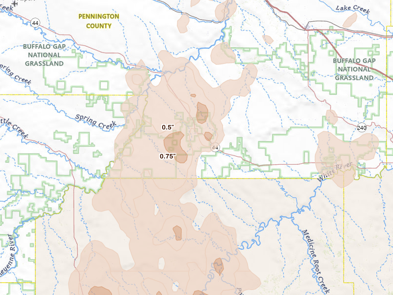 Radar-estimated hail-size map of the storm over Scenic, SD on May 30, 2026