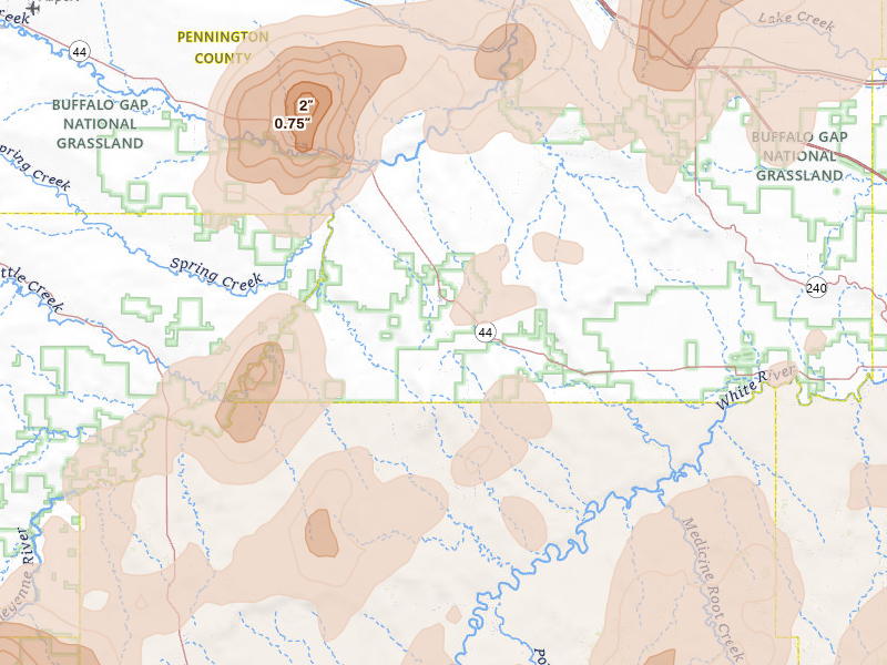 Radar-estimated hail-size map of the storm over Scenic, SD on Jun 27, 2026