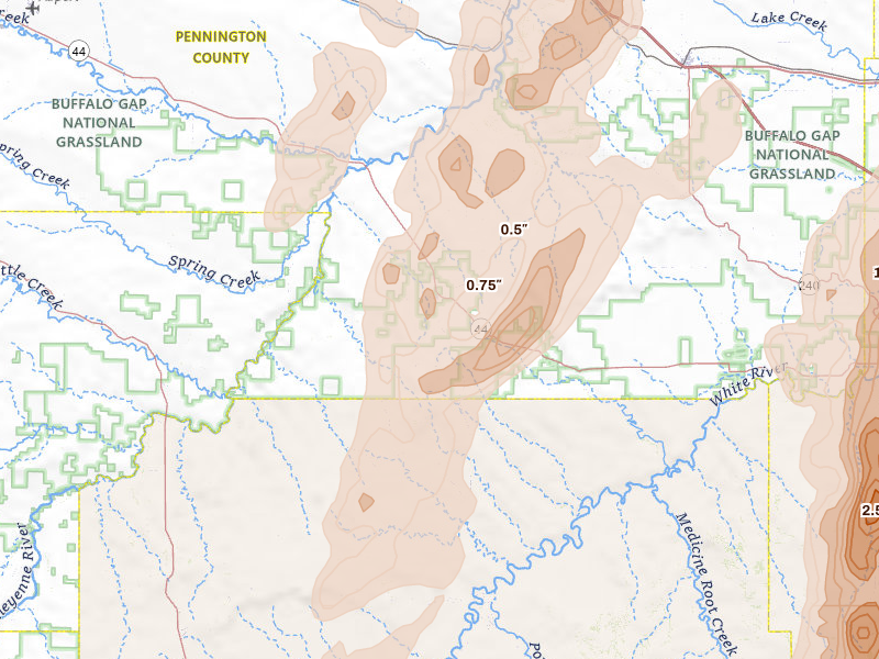 Radar-estimated hail-size map of the storm over Scenic, SD on Jun 28, 2026