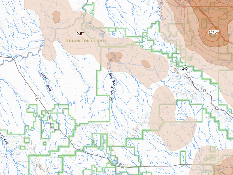 Radar-estimated hail-size map of the storm over Scenic, SD on Aug 11, 2026