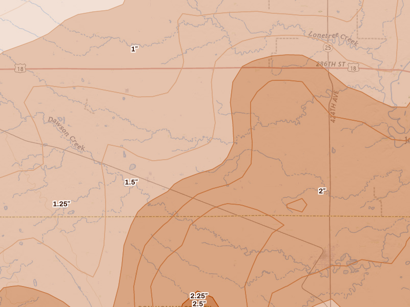 Radar-estimated hail-size map of the storm over Scotland, SD on May 17, 2026