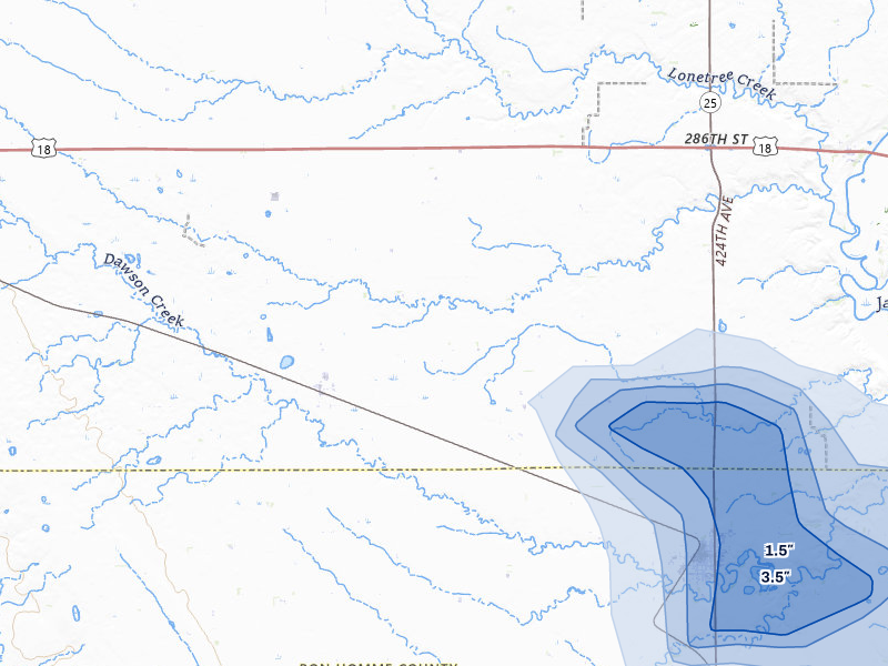 NEXRAD radar-signature map of the hail storm over Scotland, SD on May 17, 2026