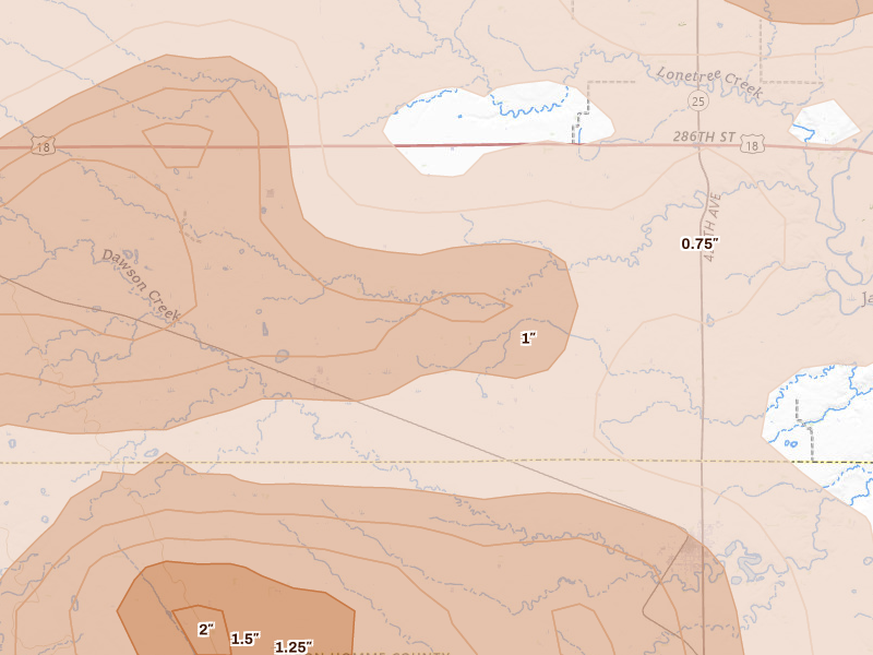 Radar-estimated hail-size map of the storm over Scotland, SD on May 24, 2026
