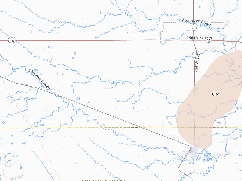 Radar-estimated hail-size map of the storm over Scotland, SD on Jun 9, 2026