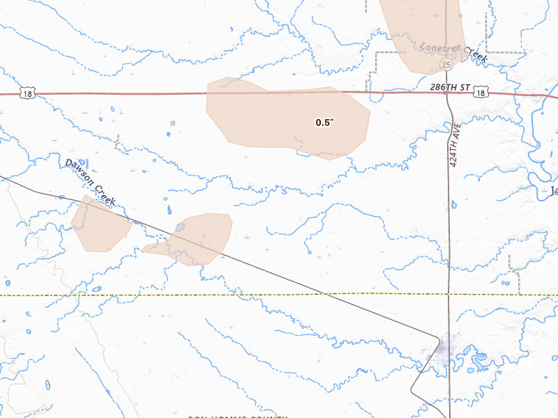 Radar-estimated hail-size map of the storm over Scotland, SD on Jun 30, 2026
