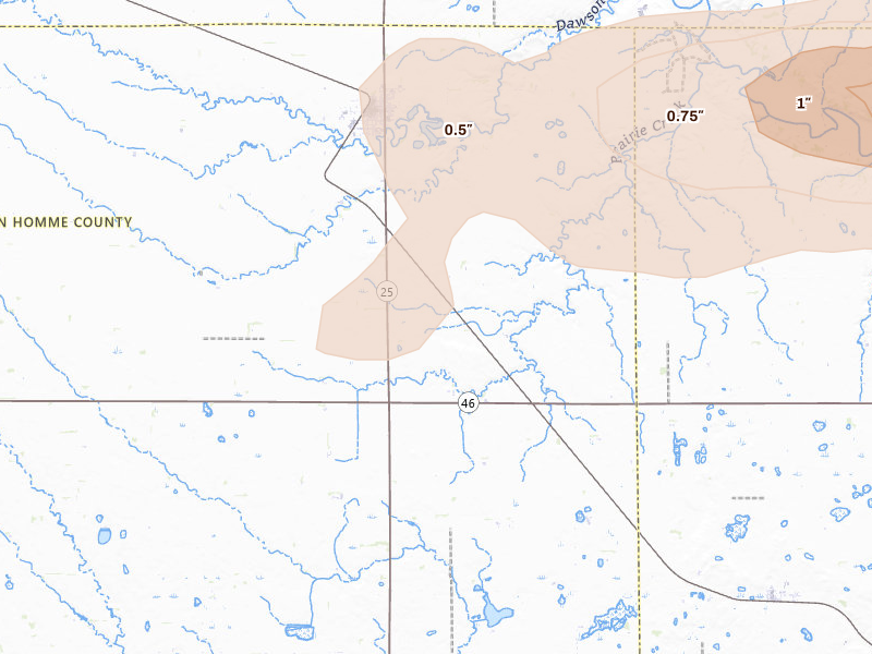 Radar-estimated hail-size map of the storm over Scotland, SD on Aug 10, 2026