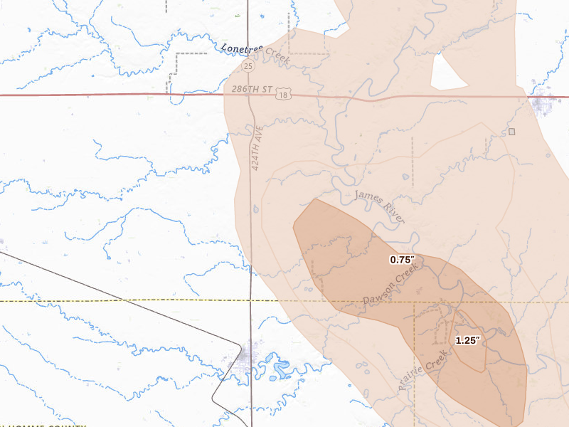 Radar-estimated hail-size map of the storm over Scotland, SD on Aug 20, 2026