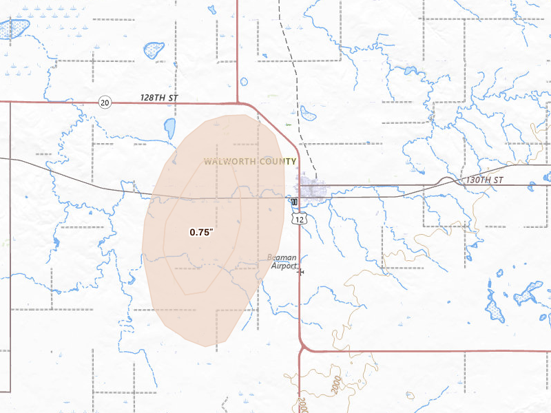 Radar-estimated hail-size map of the storm over Selby, SD on Jun 2, 2026