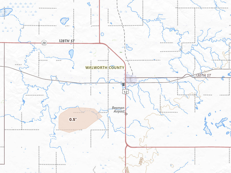 Radar-estimated hail-size map of the storm over Selby, SD on Jul 6, 2026