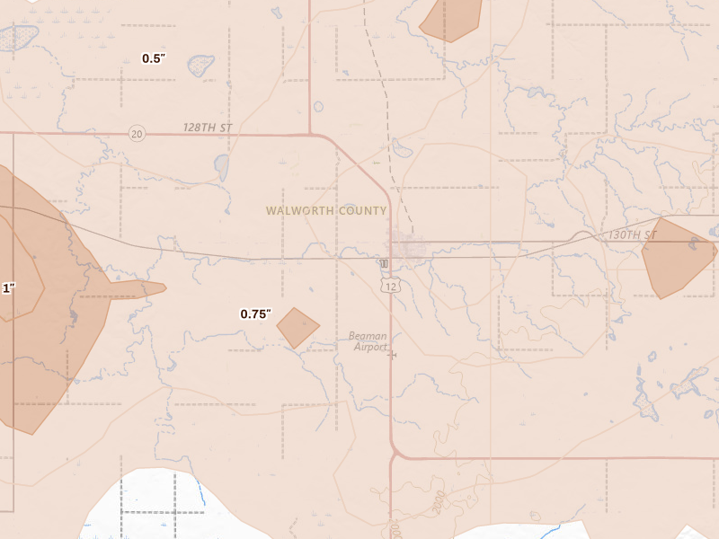Radar-estimated hail-size map of the storm over Selby, SD on Jul 7, 2026