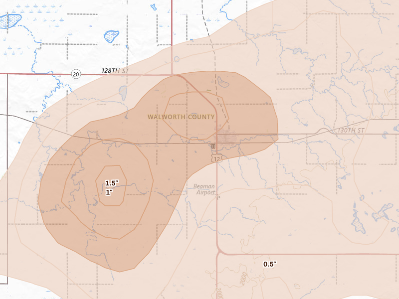 Radar-estimated hail-size map of the storm over Selby, SD on Jul 25, 2026