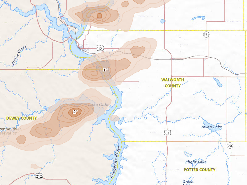 Radar-estimated hail-size map of the storm over Selby, SD on Aug 24, 2026