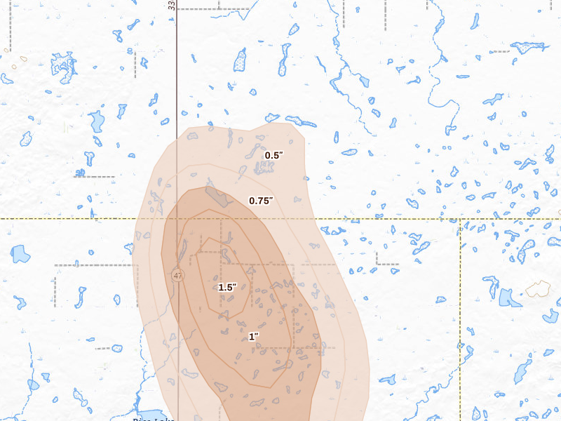 Radar-estimated hail-size map of the storm over Seneca, SD on Jul 4, 2026