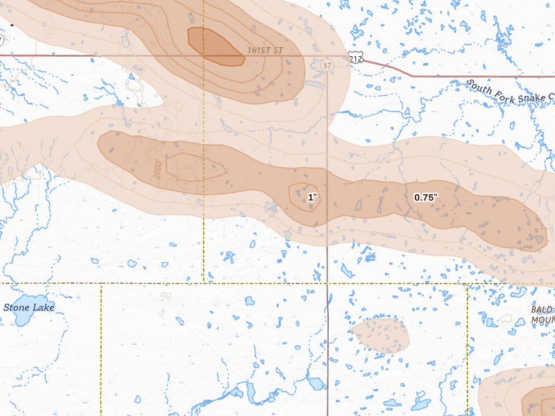 Radar-estimated hail-size map of the storm over Seneca, SD on Aug 29, 2026