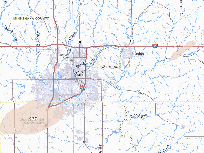 Radar-estimated hail-size map of the storm over Sioux Falls, SD on Apr 13, 2026