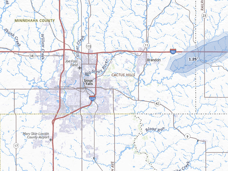 NEXRAD radar-signature map of the hail over Sioux Falls, SD