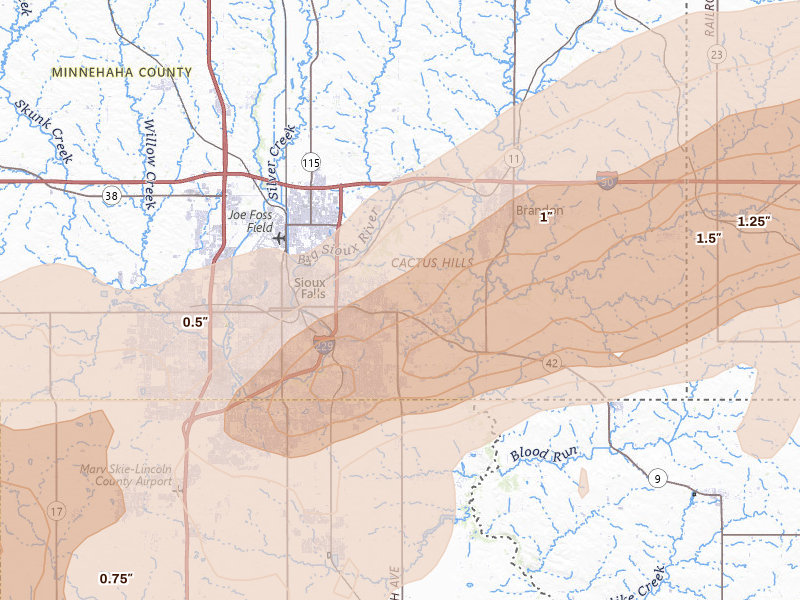 Radar-estimated hail-size map of the storm over Sioux Falls, SD on May 17, 2026