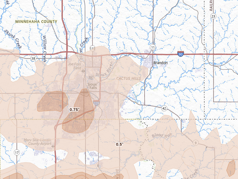 Radar-estimated hail-size map of the storm over Sioux Falls, SD on May 24, 2026
