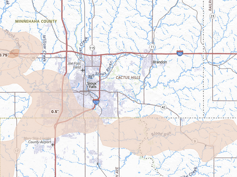 Radar-estimated hail-size map of the storm over Sioux Falls, SD on May 31, 2026