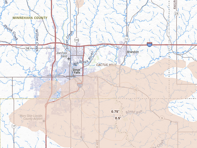 Radar-estimated hail-size map of the storm over Sioux Falls, SD on Jun 27, 2026