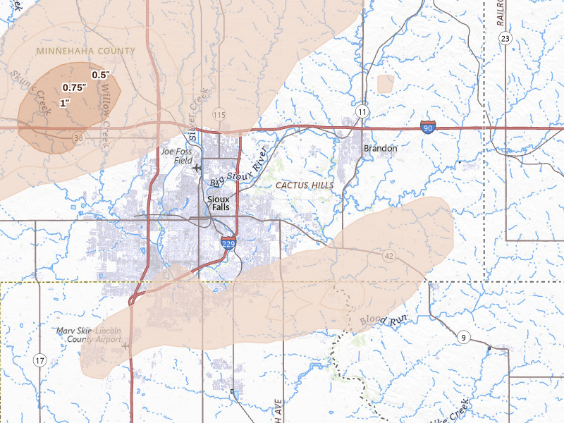 Radar-estimated hail-size map of the storm over Sioux Falls, SD on Jul 2, 2026