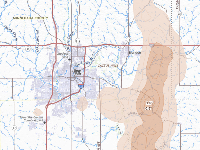 Radar-estimated hail-size map of the storm over Sioux Falls, SD on Jul 4, 2026