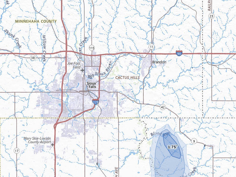 NEXRAD radar-signature map of the hail over Sioux Falls, SD