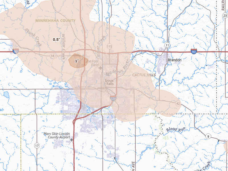 Radar-estimated hail-size map of the storm over Sioux Falls, SD on Aug 28, 2026