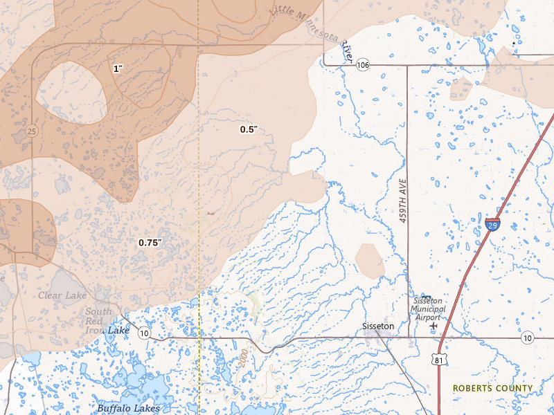 Radar-estimated hail-size map of the storm over Sisseton, SD on Jun 29, 2026