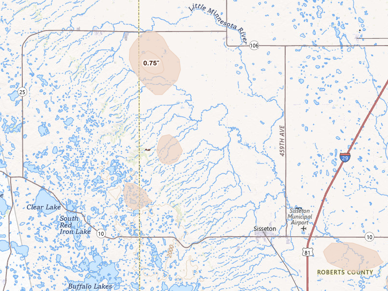 Radar-estimated hail-size map of the storm over Sisseton, SD on Jul 4, 2026