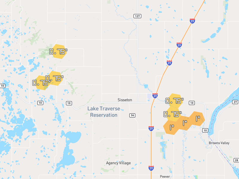Hail map of Sisseton, SD on Jul 4, 2026, hail up to 1"