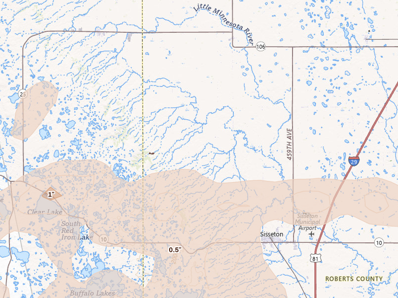 Radar-estimated hail-size map of the storm over Sisseton, SD on Jul 7, 2026