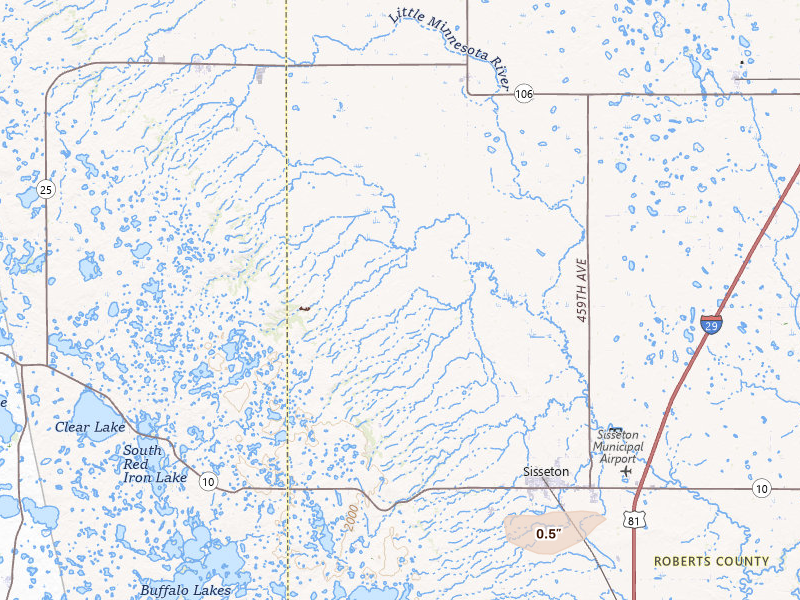 Radar-estimated hail-size map of the storm over Sisseton, SD on Jul 10, 2026