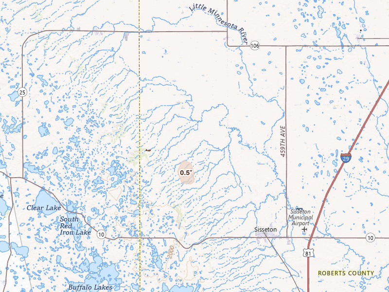 Radar-estimated hail-size map of the storm over Sisseton, SD on Jul 28, 2026
