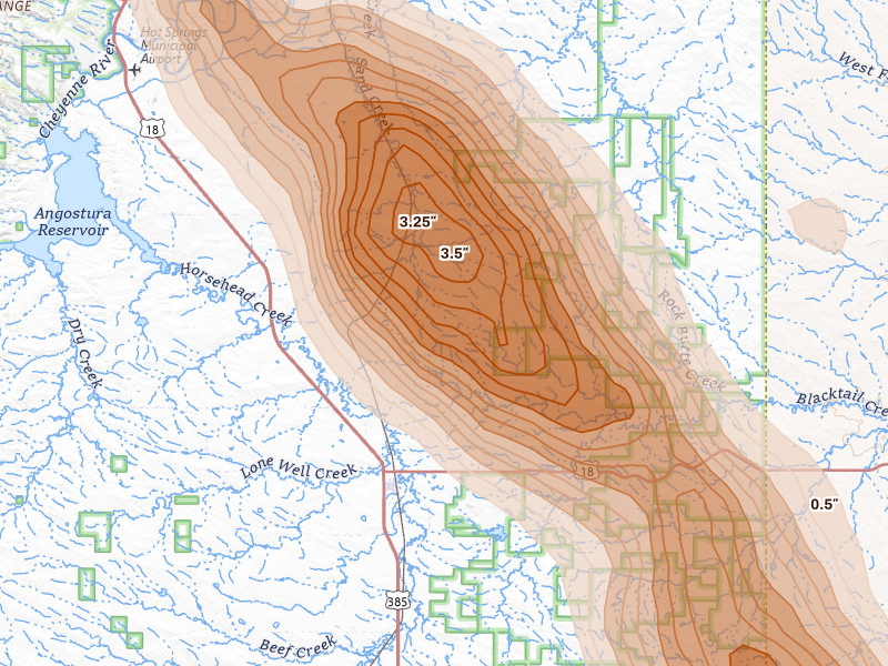 Radar-estimated hail-size map of the storm over Smithwick, SD on Aug 21, 2026