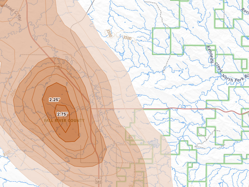 Radar-estimated hail-size map of the storm over Smithwick, SD on Aug 27, 2026