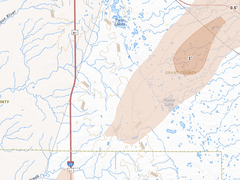 Radar-estimated hail-size map of the storm over South Shore, SD on Jun 29, 2026