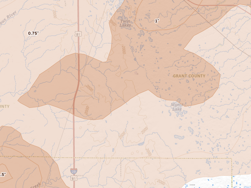 Radar-estimated hail-size map of the storm over South Shore, SD on Jul 6, 2026